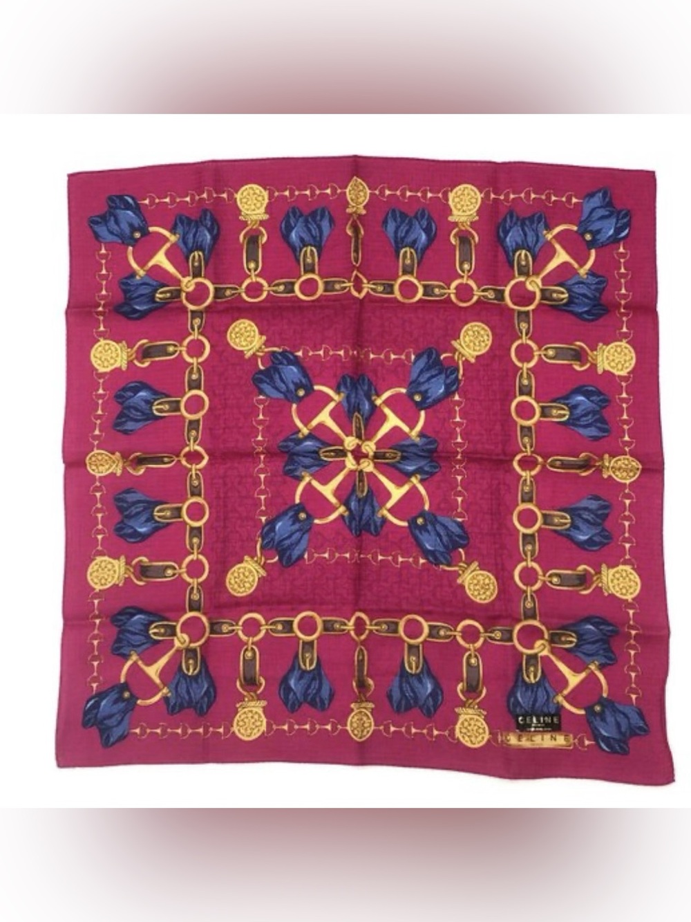 Celine Fuchsia, Blue & Gold Silk Scarf with Chain Motif